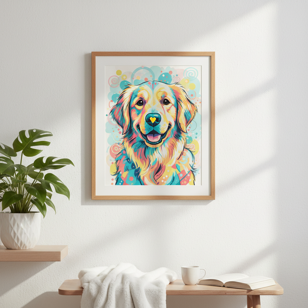 Colorful custom pet portrait print displayed in a frame on a white wall