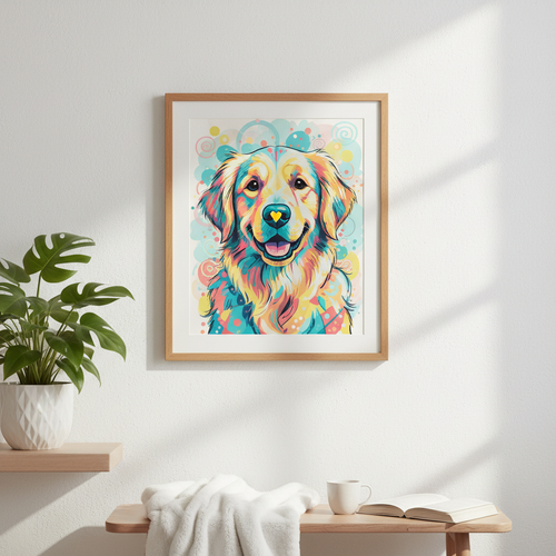 Colorful custom pet portrait print displayed in a frame on a white wall