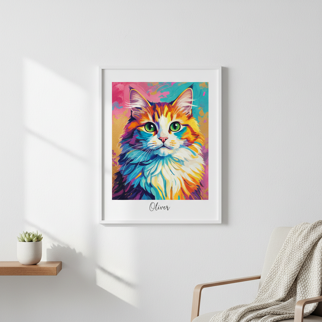 Colorful custom cat portrait print displayed in a frame on a white wall