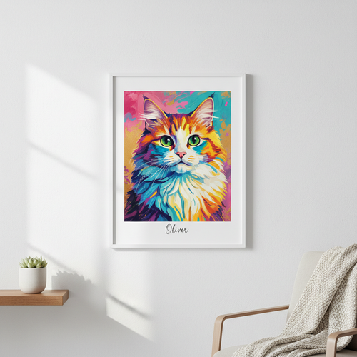 Colorful custom cat portrait print displayed in a frame on a white wall