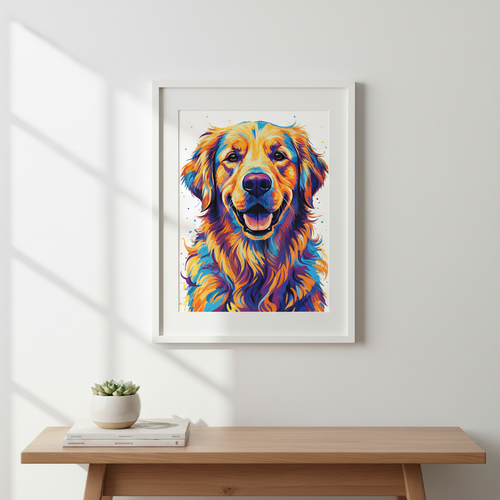 Colorful custom dog portrait print displayed in a frame on a white wall